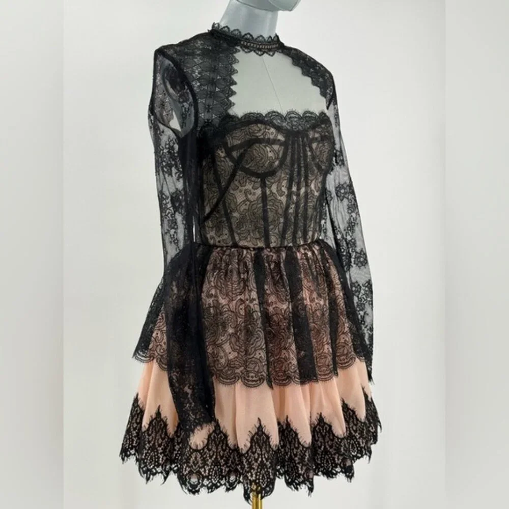 🆕 BRONX & BANCO 🧿 NWOT Daphne Illusion Lace Long Sleeve Mini Dress, Sz M US 6 - Picture 4 of 13
